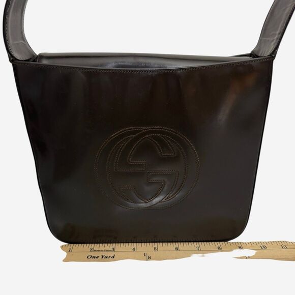 Vintage Gucci Authentic Women's Brown Patent Leather Embossed Logo Shoulder Bag - Picture 10 of 12